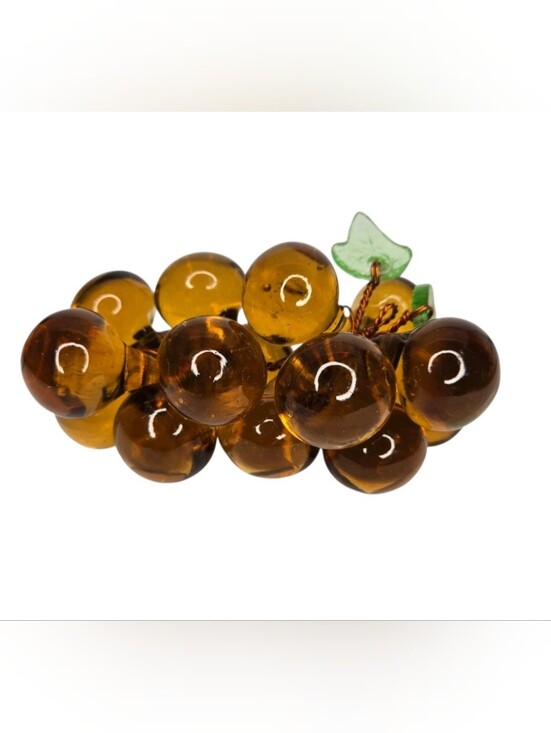 Vintage Other - Vintage Amber Gold Brown Wire Glass Grape Cluster & Green Glass Leaves